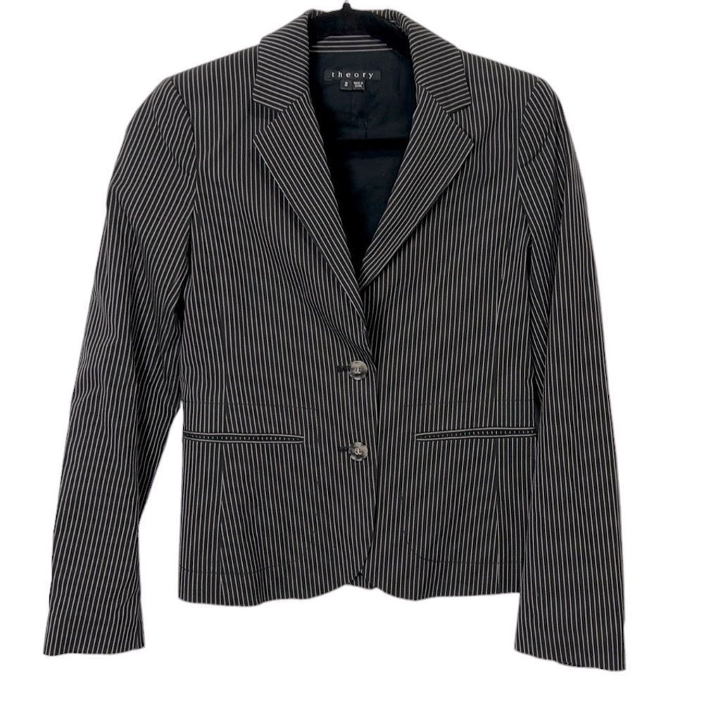 Theory Boothe Blazer Classic Pin Striped Cotton Black, Brown and White Size 2